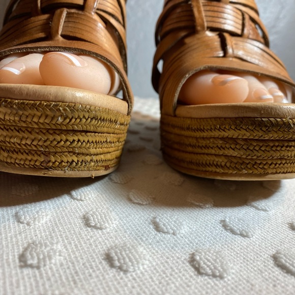 UGG Melinda Brown Leather Woven Strap  Platform Slip-On Wedge Sandals - Picture 6 of 16